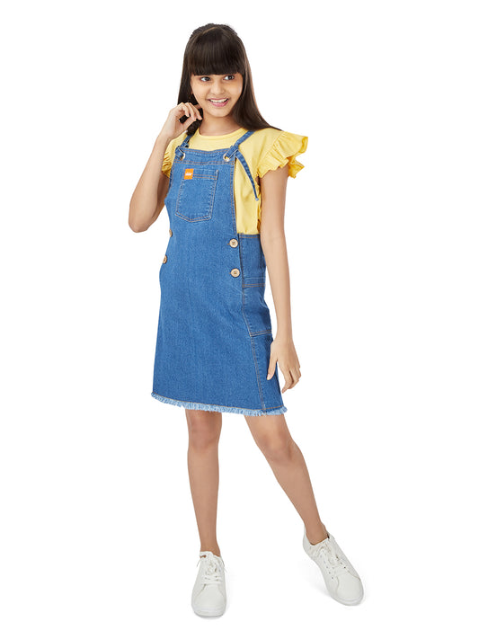 Olele® Girls Dungaree Dress - Metal Eyelets Indigo Denim