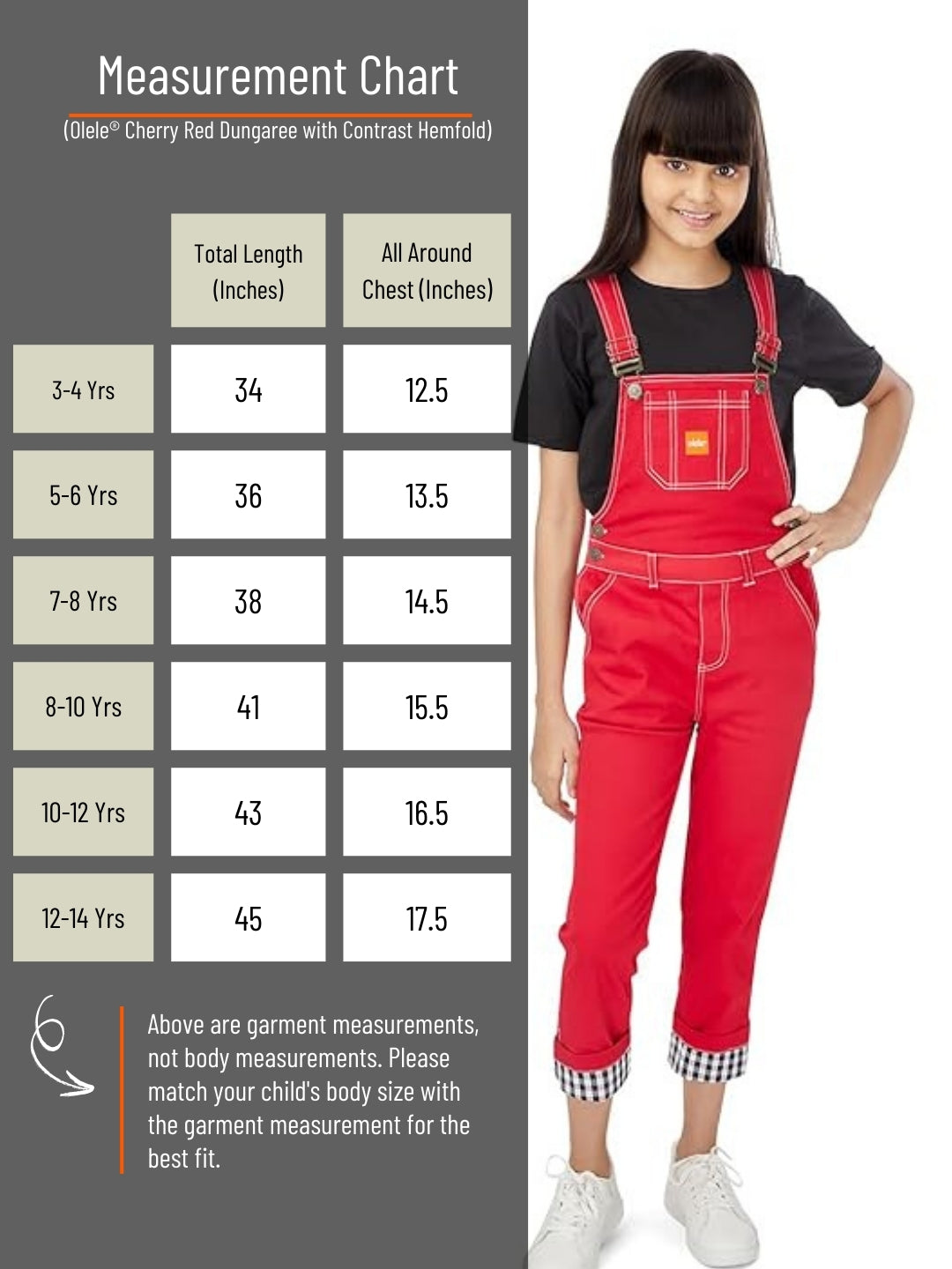 Olele® Full Length Cherry Red Twill Dungaree with Contrast Hemfold