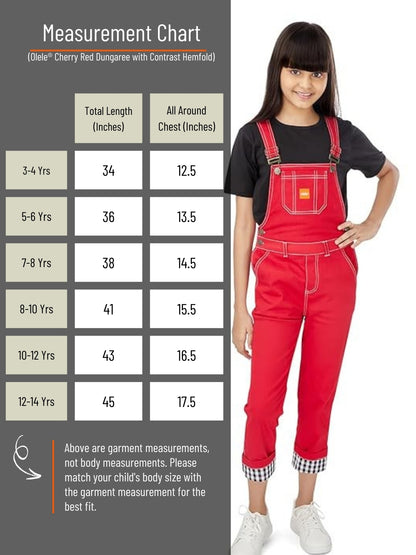 Olele® Full Length Cherry Red Twill Dungaree with Contrast Hemfold