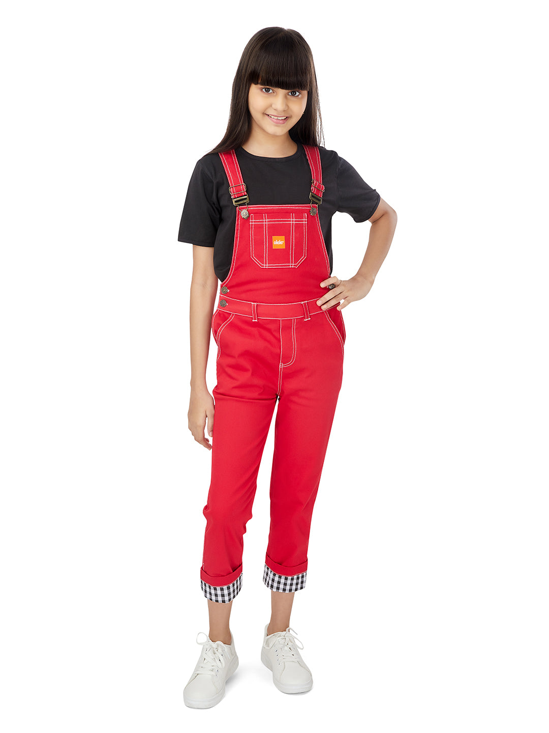 Olele® Full Length Cherry Red Twill Dungaree with Contrast Hemfold