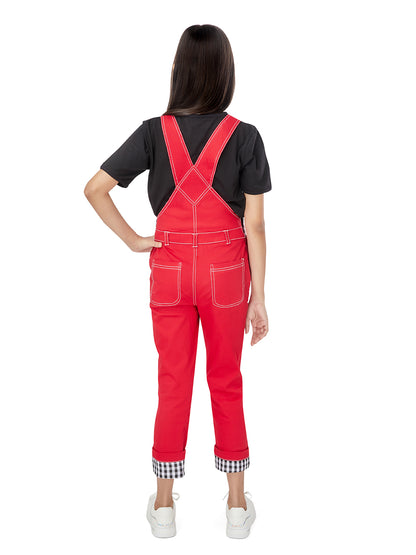 Olele® Full Length Cherry Red Twill Dungaree with Contrast Hemfold