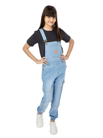 Olele® Full Length Light Blue Denim Dungaree with Elastic Bottom Hem