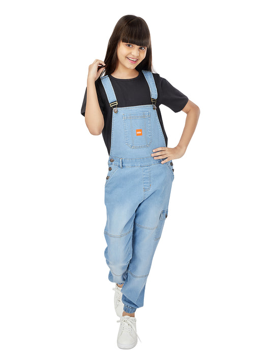 Olele® Full Length Light Blue Denim Dungaree with Elastic Bottom Hem