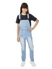 Olele® Full Length Light Blue Denim Pleated Dungaree with Raw Edge Hem