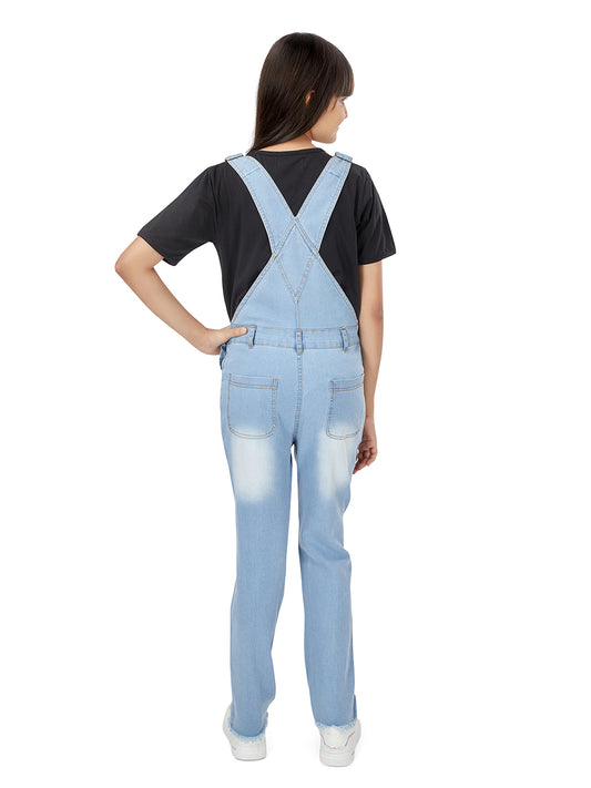 Olele® Full Length Light Blue Denim Pleated Dungaree with Raw Edge Hem