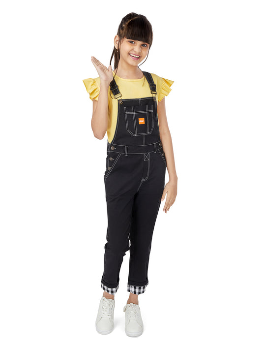 Olele® Full Length Cotton Twill Dungaree with Contrast Hemfold - Zed Black