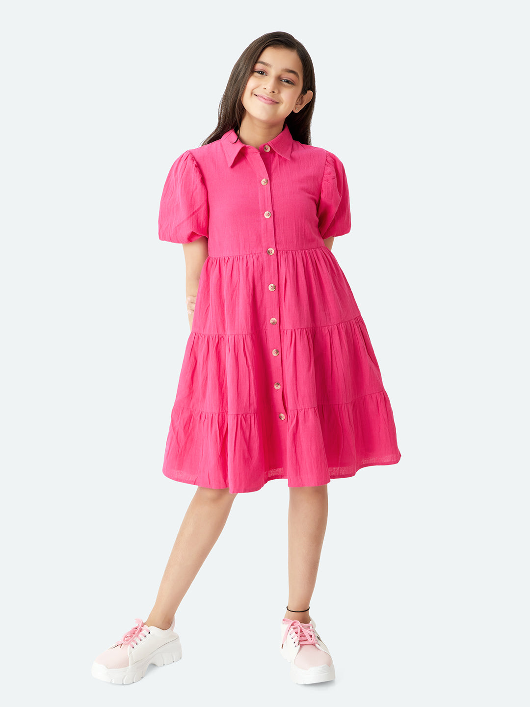 Olele® Girls Lucy Shirt Dress - Cotton Linen Hot Pink