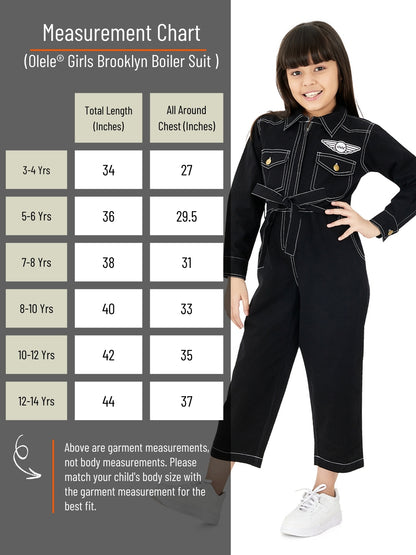 Olele® Girls Brooklyn Boiler Suit with Zipper Opening - Black Cotton