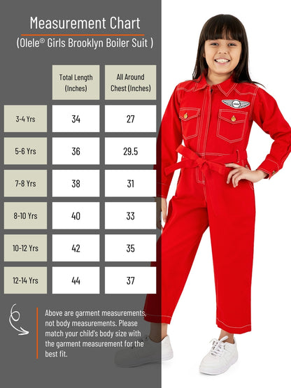 Olele® Girls Brooklyn Boiler Suit with Zipper Opening - Red Cotton
