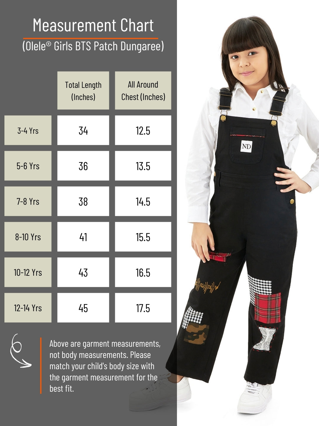 Olele®  Full Length BTS Black Patch Work Cotton Dungaree - Girls