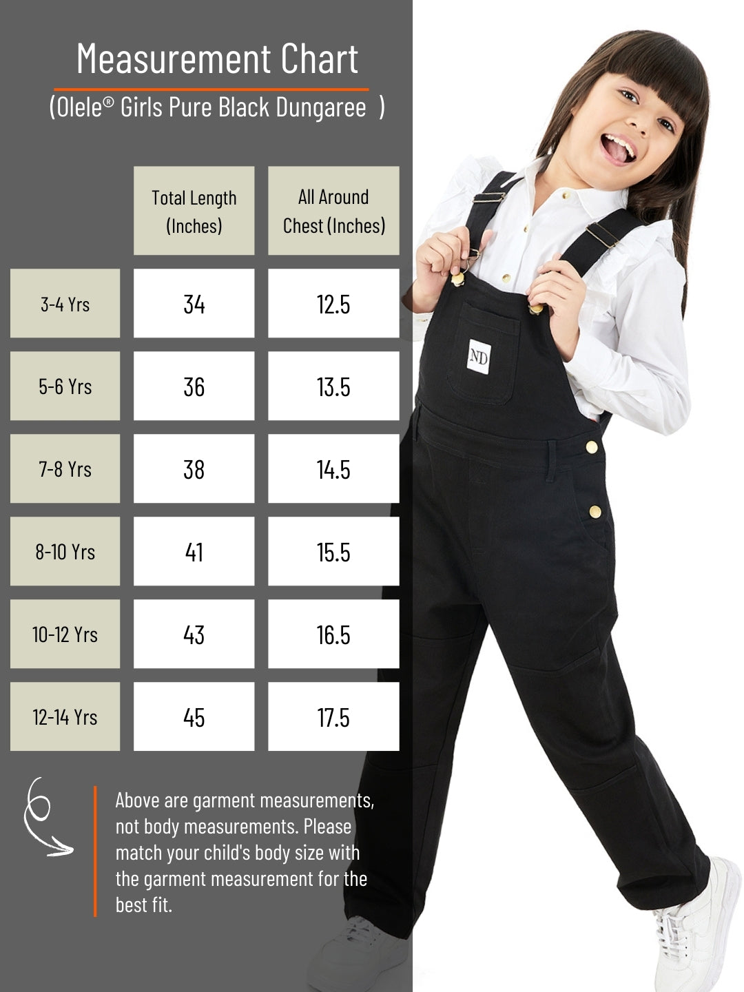 Olele®  Full Length Pure Black Cotton Dungaree - Girls