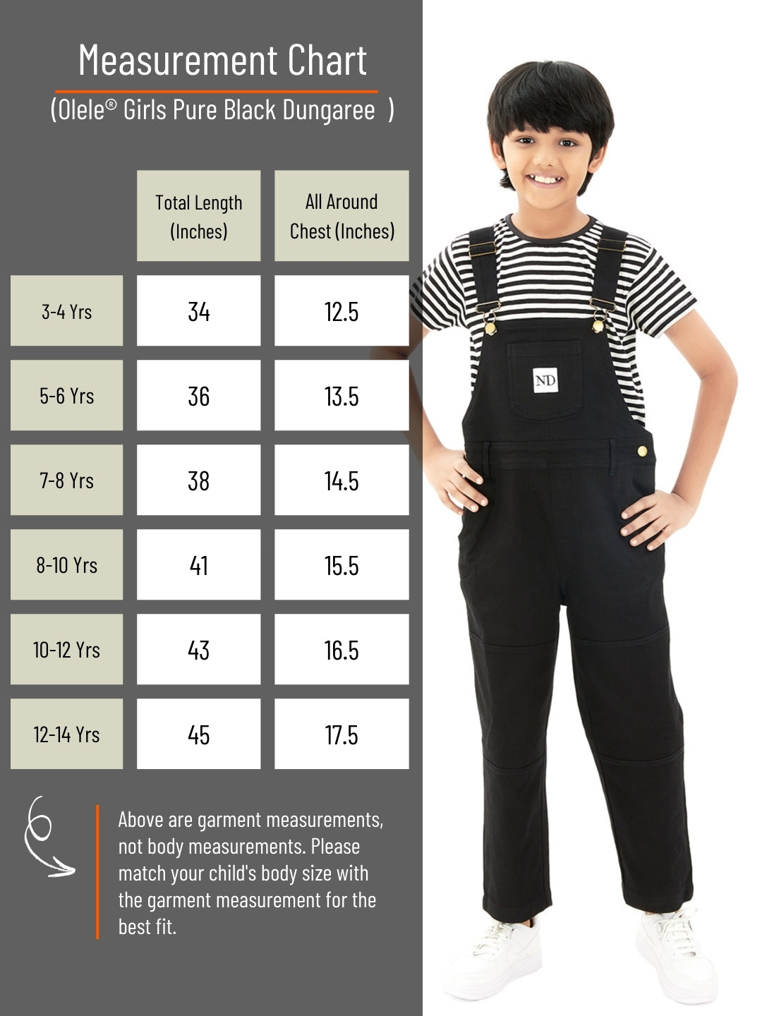 Olele®  Full Length Pure Black Cotton Dungaree - Boys