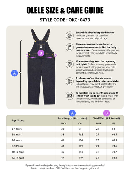 Olele®  Girls Full Length Raw Cotton Denim Vanilla Dungaree
