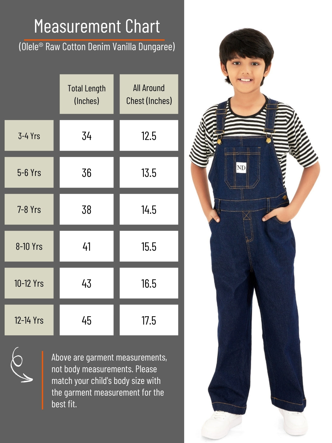 Olele®  Boys Full Length Raw Cotton Denim Vanilla Dungaree