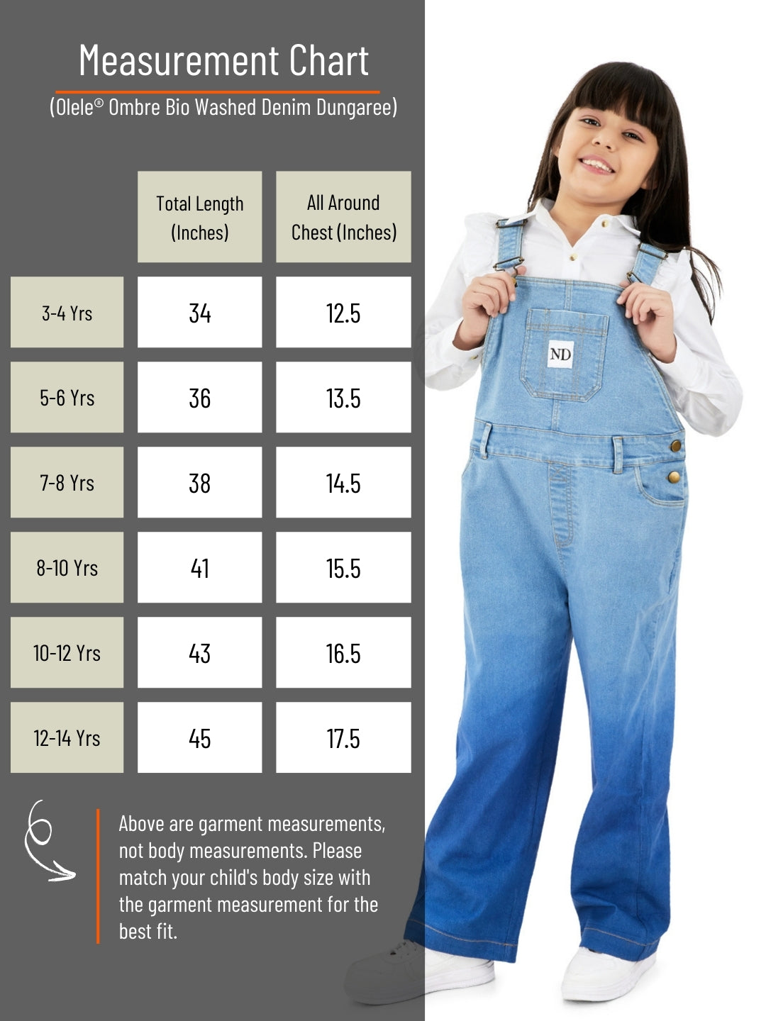 Olele®  Full Length Ombre Bio Washed Cotton Denim Dungaree - Girls