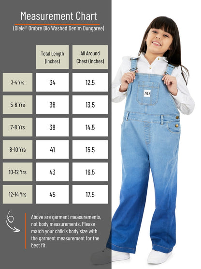 Olele®  Full Length Ombre Bio Washed Cotton Denim Dungaree - Girls