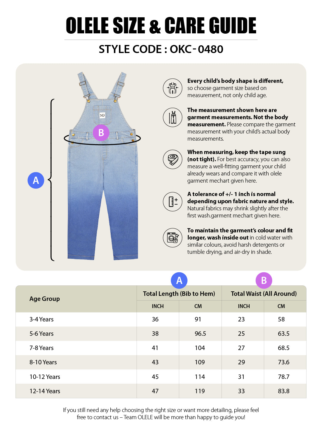 Olele®  Full Length Ombre Bio Washed Cotton Denim Dungaree - Boys