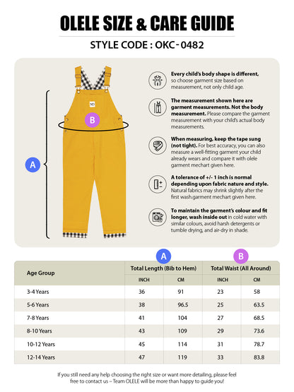 Olele®  Full Length Signature Hemfold Yellow Cotton Dungaree - Girls
