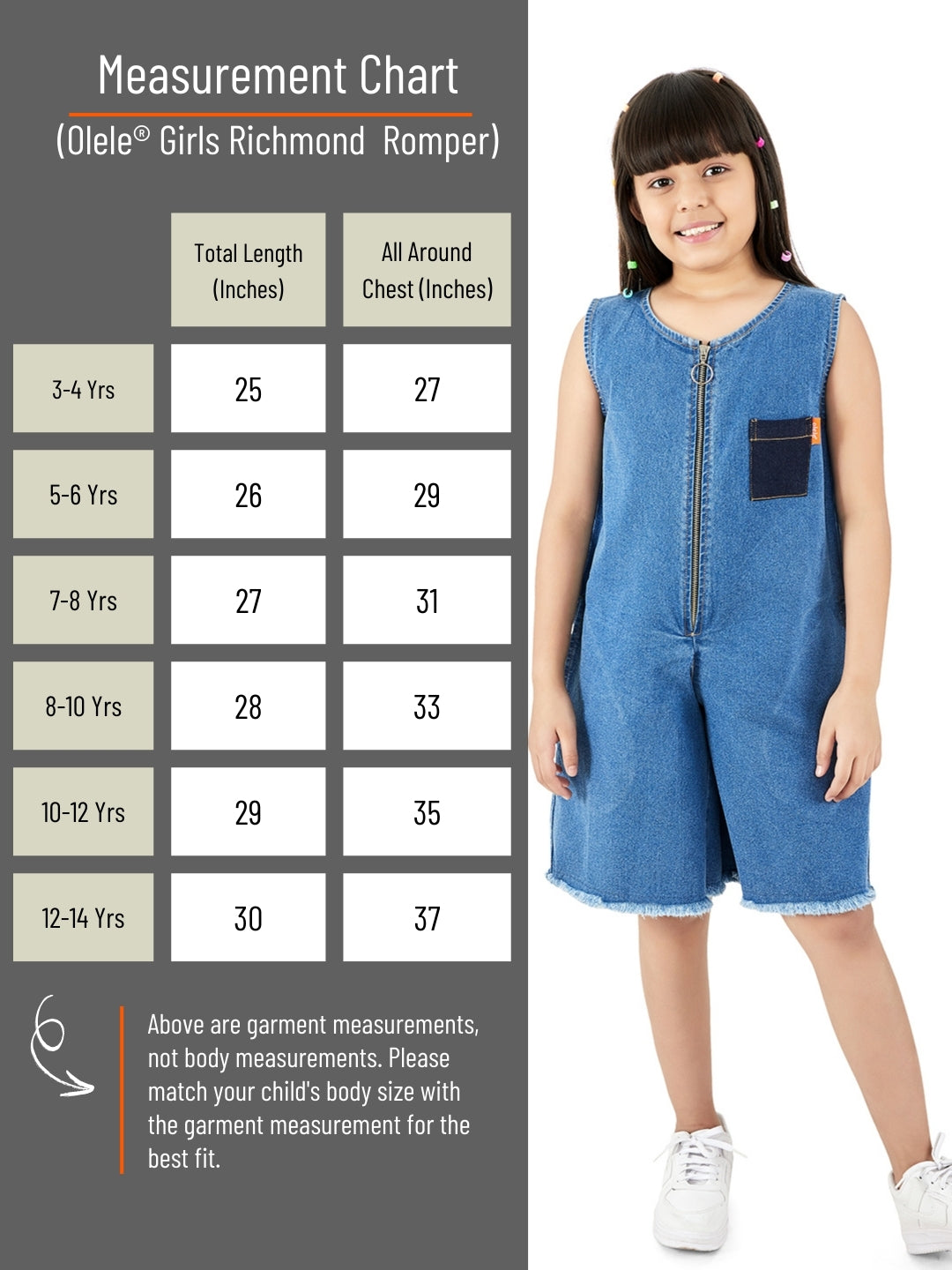 Olele® Girls Richmond Front Metal Zipper Romper - Cotton Denim