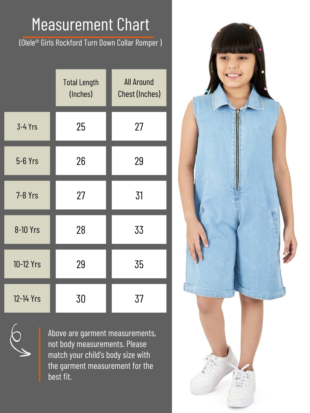 Olele® Girls Rockford Turn Down Collar Romper - Light Wash Denim