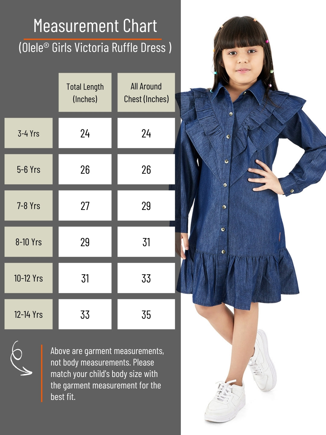 Olele® Girls Victoria Double Layer Ruffle Dress - Light Weight Cotton Denim