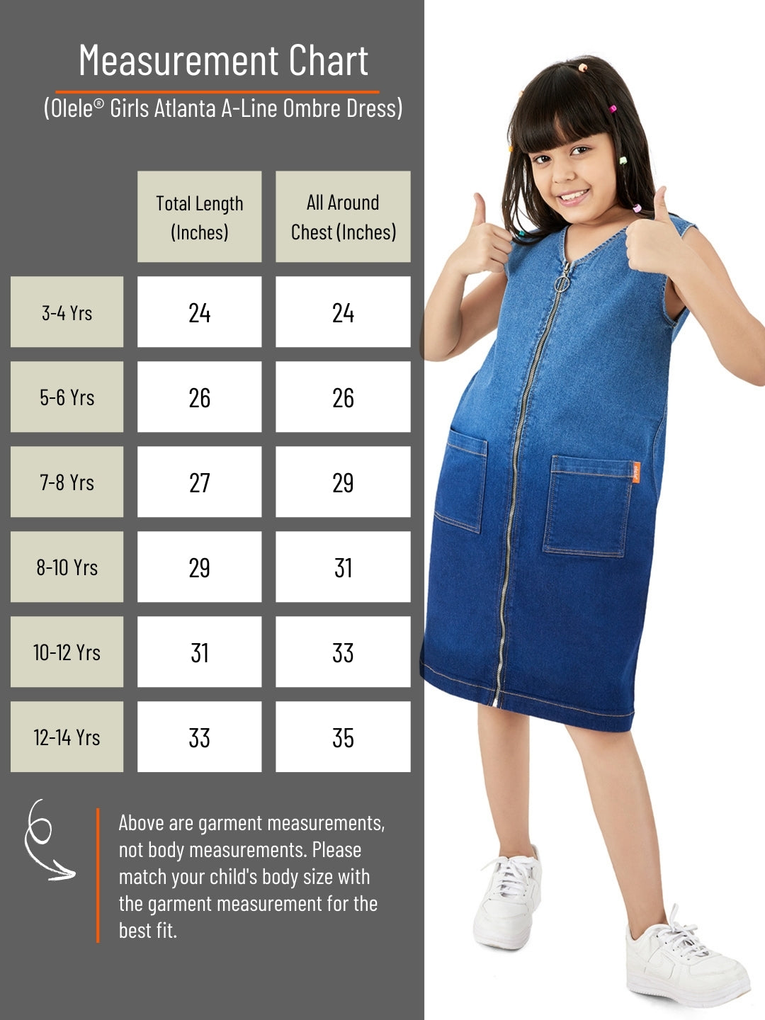 Olele® Girls Atlanta A-Line Ombre Dress with Metal Zipper Opening - Cotton Denim