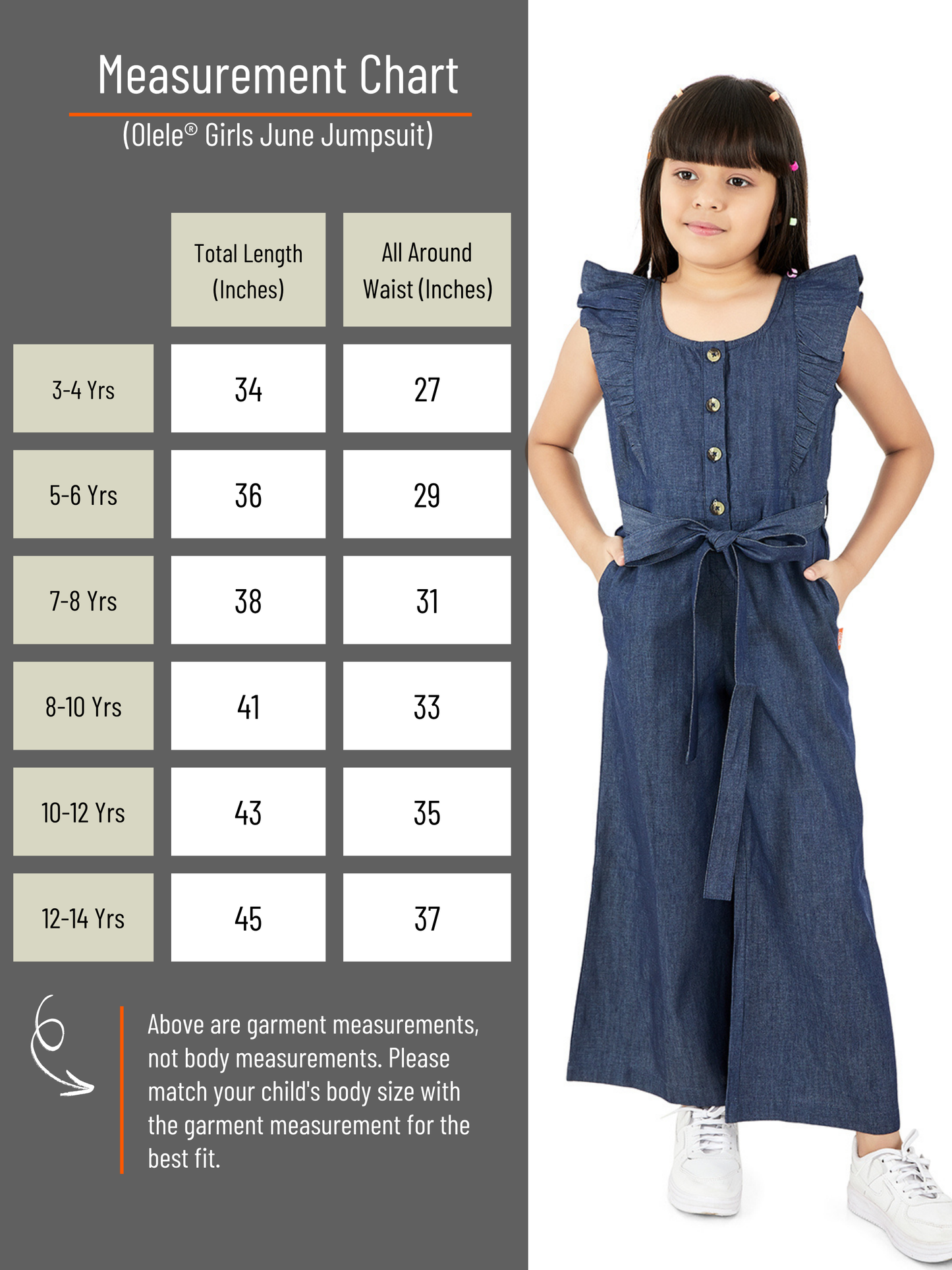 Olele® Girls June Jumpsuit - Cotton Light Weight Denim