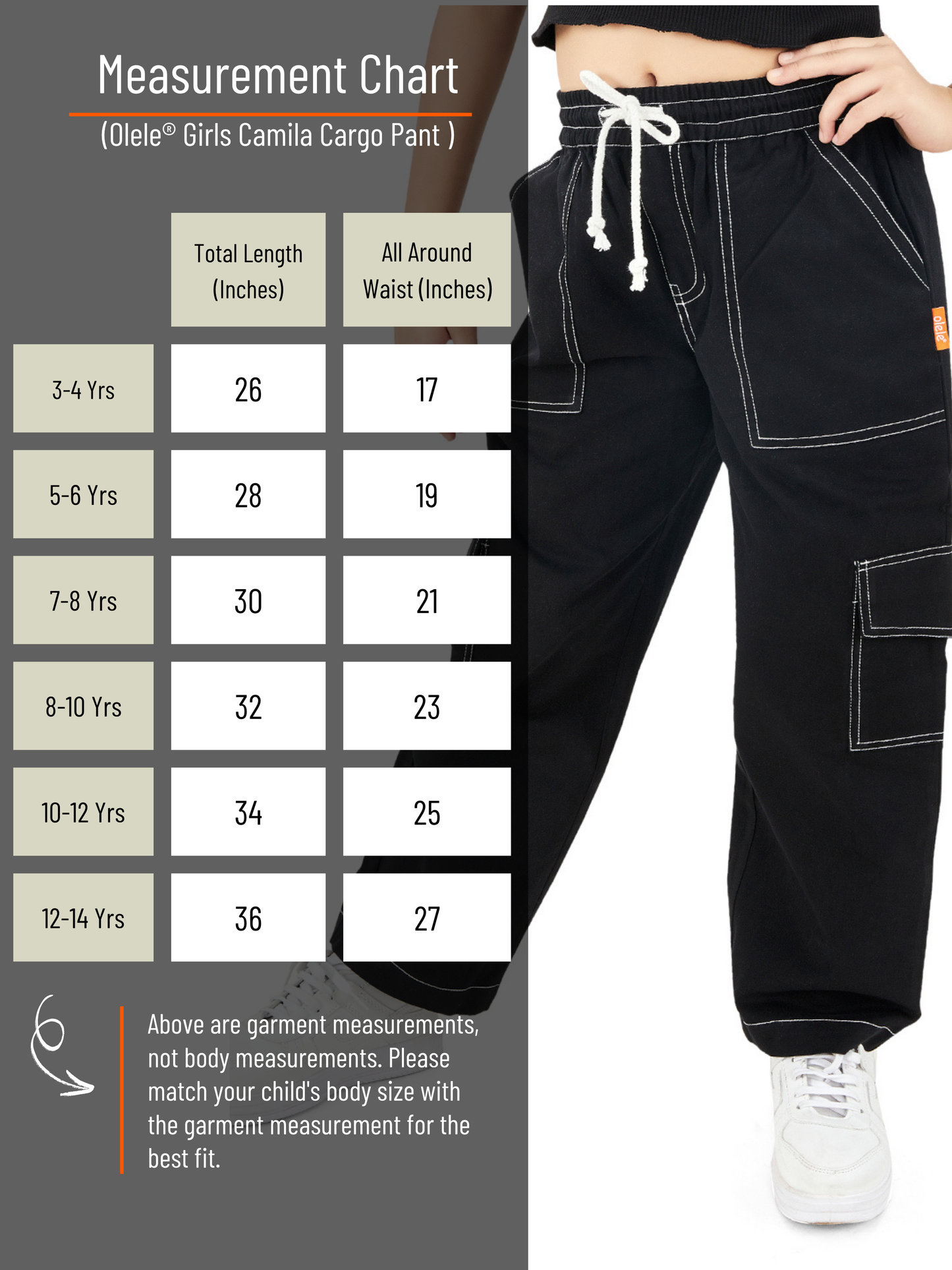 Olele® Girls Camila Cargo Pant - Black Cotton