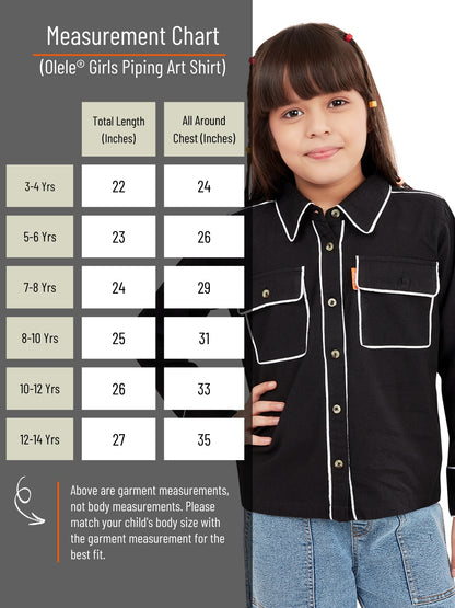 Olele® Girls Piping Art Cotton Full Sleeves Shirt - Black