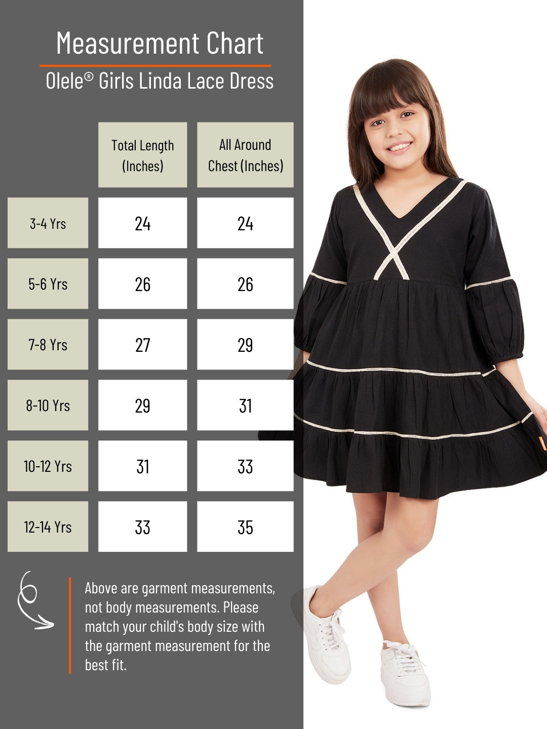 Olele® Girls Linda Lace Cotton Dress - Black