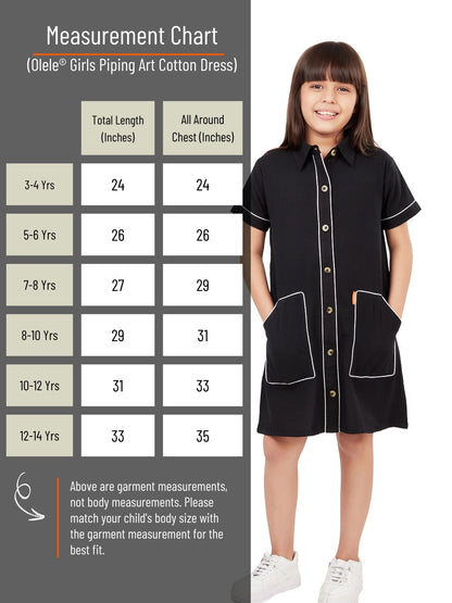 Olele® Girls Piping Art Cotton Short Sleeves Shirt Dress - Black
