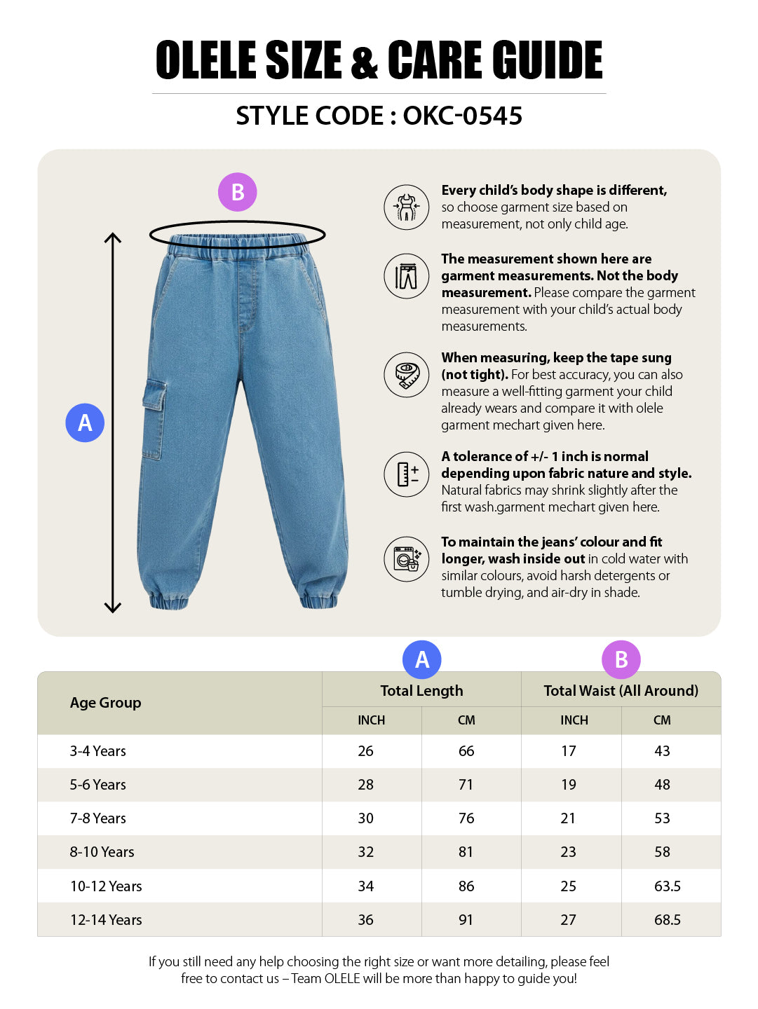 Olele® Girls Jackson Joggers Cotton Denim Jeans (Elasticated Waist)  - Indigo Blue