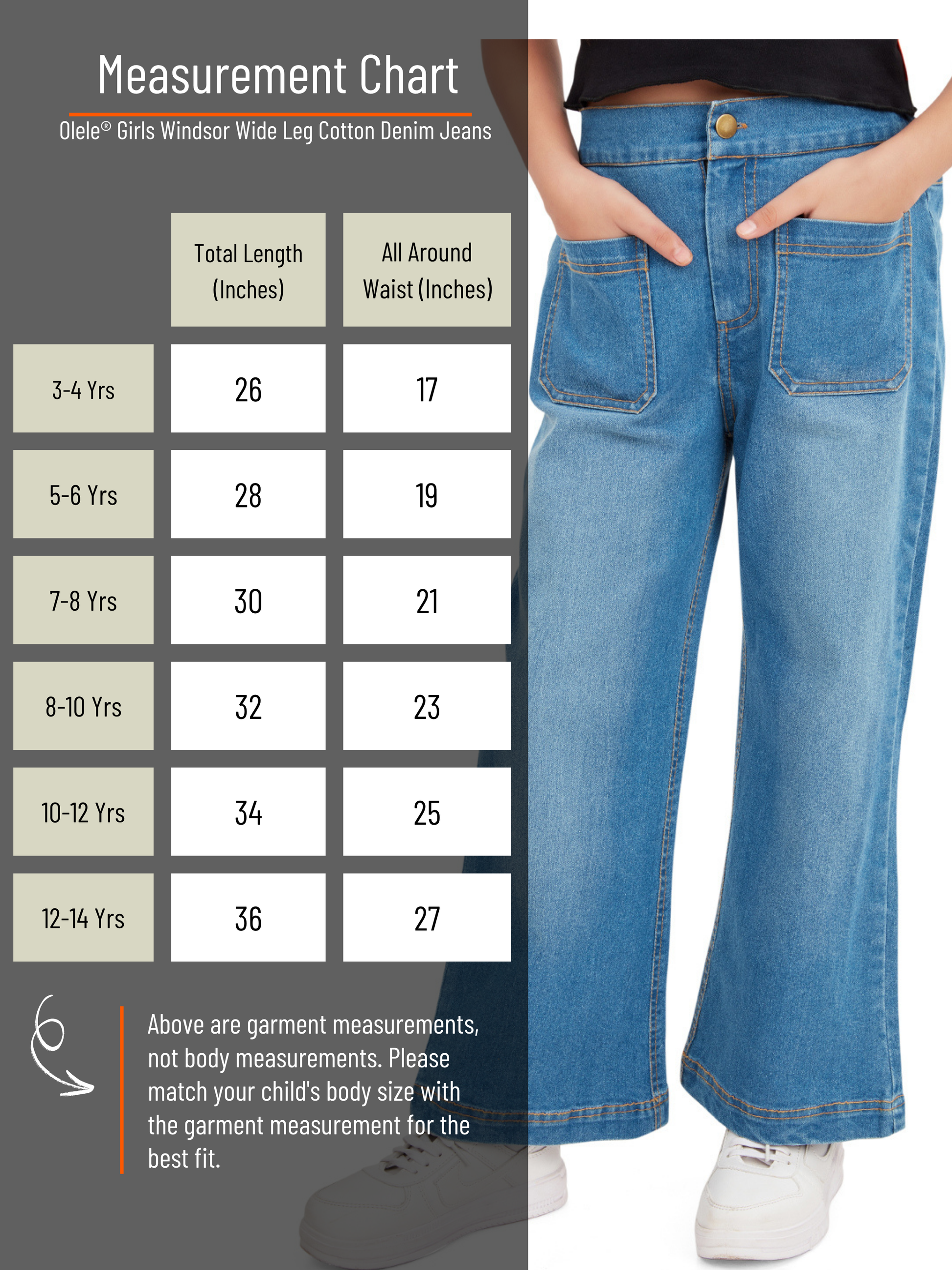 Olele® Girls Windsor Wide Leg Cotton Denim Jeans Regular Fit Stretchab