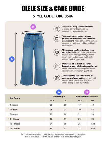 Olele® Girls Windsor Wide Leg Cotton Denim Jeans Regular Fit Stretchable (Elasticated Waist)  - Indigo Blue