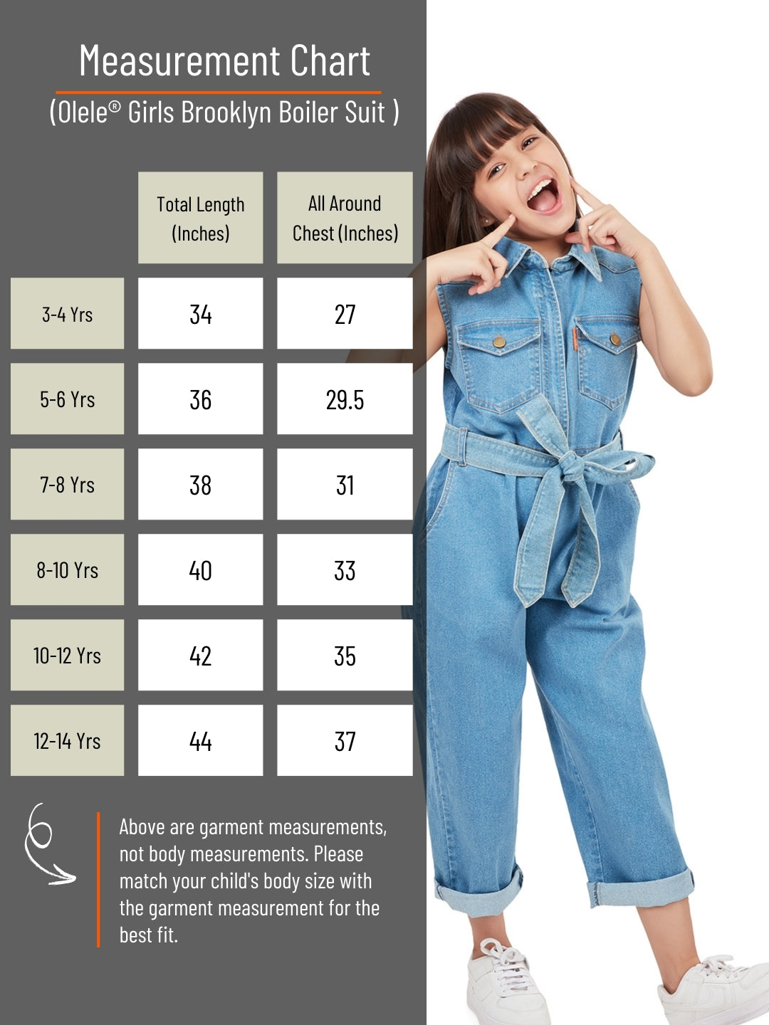 Olele® Girls Brooklyn Sleeveless Boiler Suit - Cotton Denim