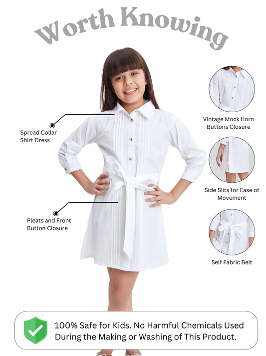 Olele® Girls Whitney White Full Sleeves Cotton Shirt Dress