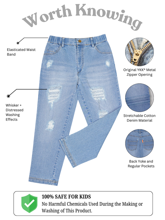 Olele® Girls Regular Fit Stretchable Distressed Wash Vanilla Jeans Pant - Cotton Denim