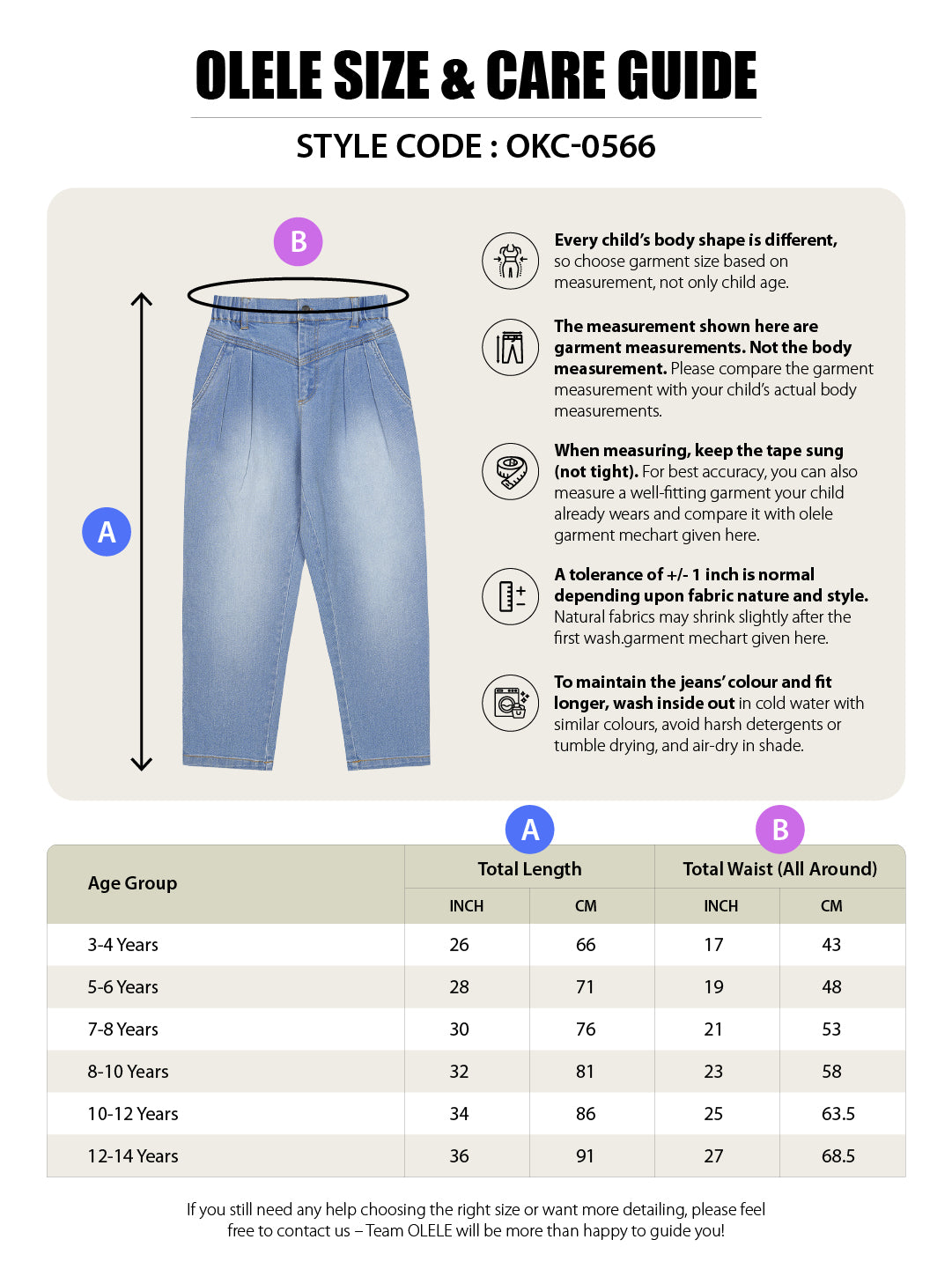Olele® Girls Retro Front Yoke Relaxed Fit Jeans Pant - Cotton Denim