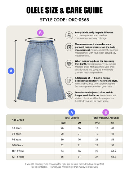 Olele® Girls Side Slit Relaxed Fit Jeans Pant - Cotton Denim