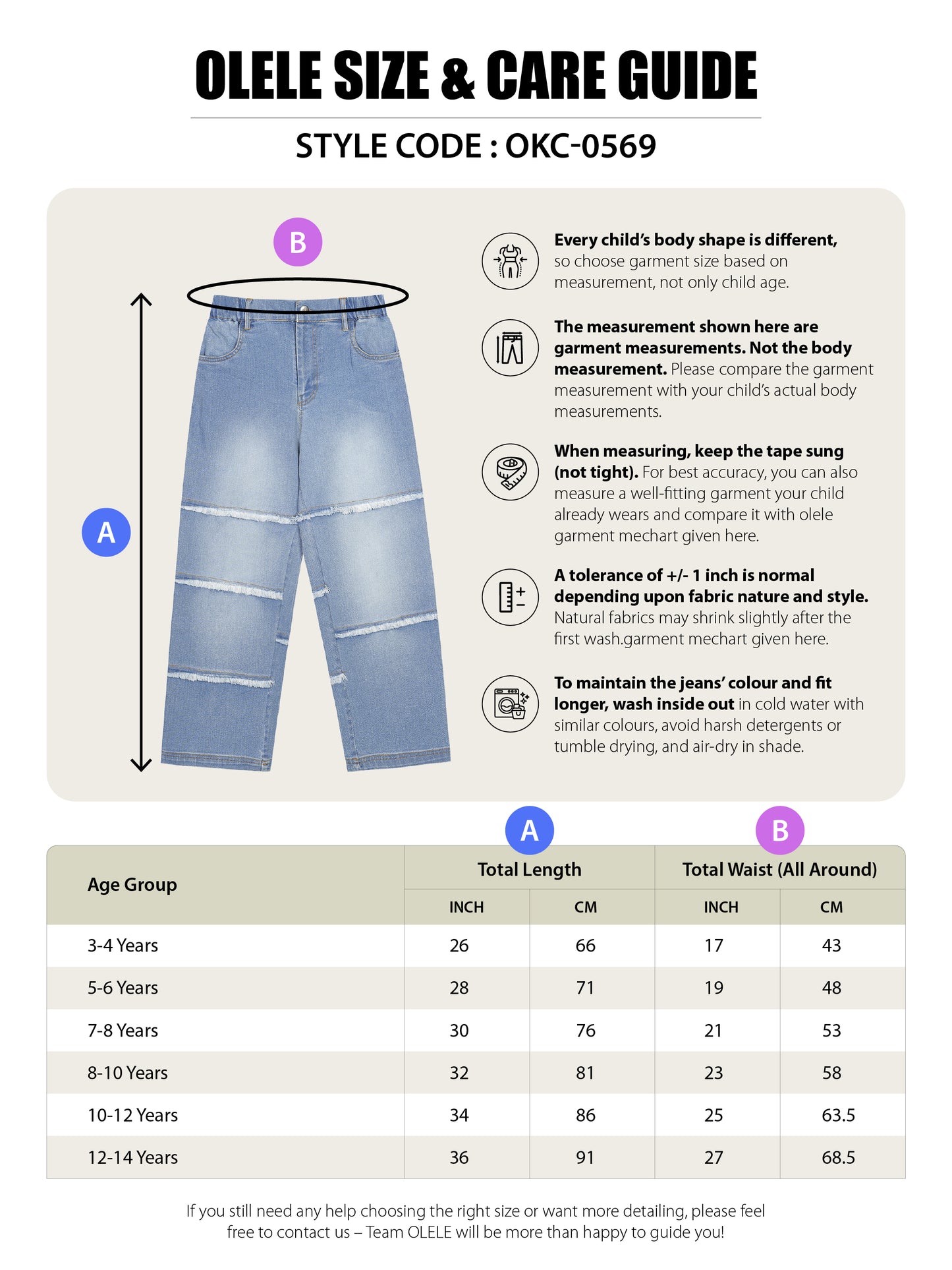 Olele® Girls Raw Edge Panel Patch Relaxed Fit Jeans Pant - Cotton Denim