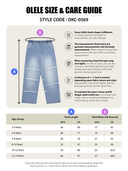 Olele® Girls Raw Edge Panel Patch Relaxed Fit Jeans Pant - Cotton Denim