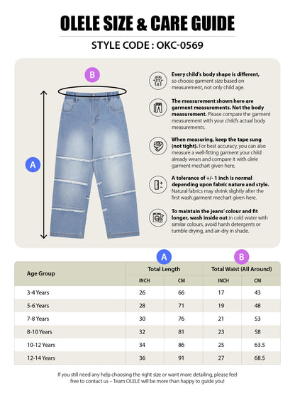 Olele® Girls Raw Edge Panel Patch Relaxed Fit Jeans Pant - Cotton Denim