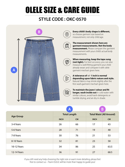 Olele® Girls Retro Front Seam Jeans Pant - Cotton Denim