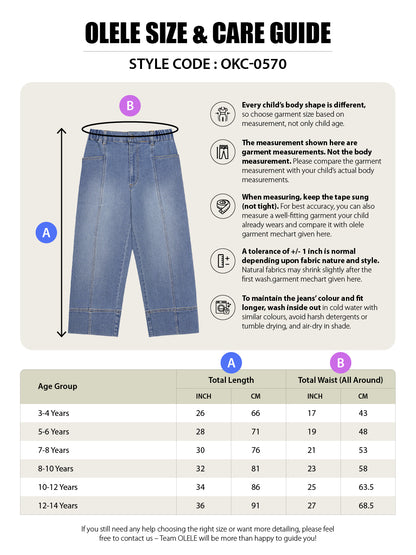 Olele® Girls Retro Front Seam Jeans Pant - Cotton Denim