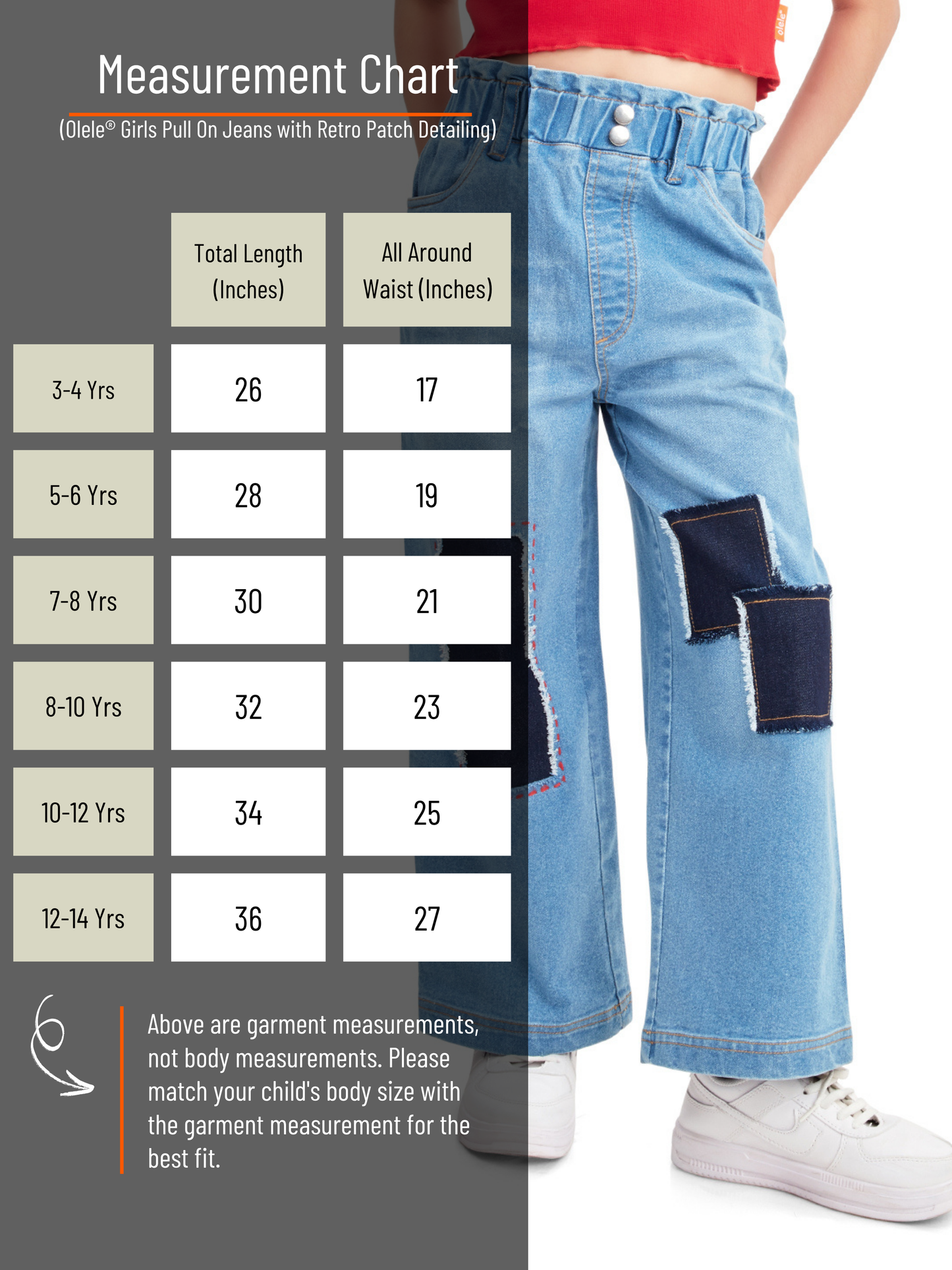 Olele® Girls Pull On Jeans Pant with Retro Patch Detailing - Cotton Denim