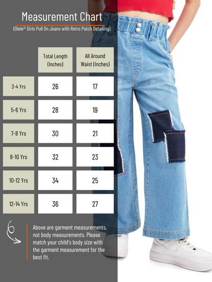 Olele® Girls Pull On Jeans Pant with Retro Patch Detailing - Cotton Denim