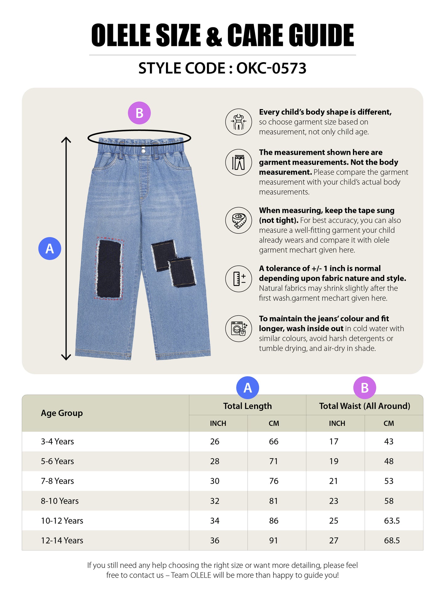 Olele® Girls Pull On Jeans Pant with Retro Patch Detailing - Cotton Denim