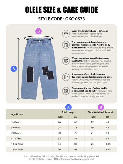 Olele® Girls Pull On Jeans Pant with Retro Patch Detailing - Cotton Denim