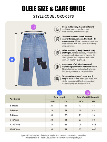 Olele® Girls Pull On Jeans Pant with Retro Patch Detailing - Cotton Denim
