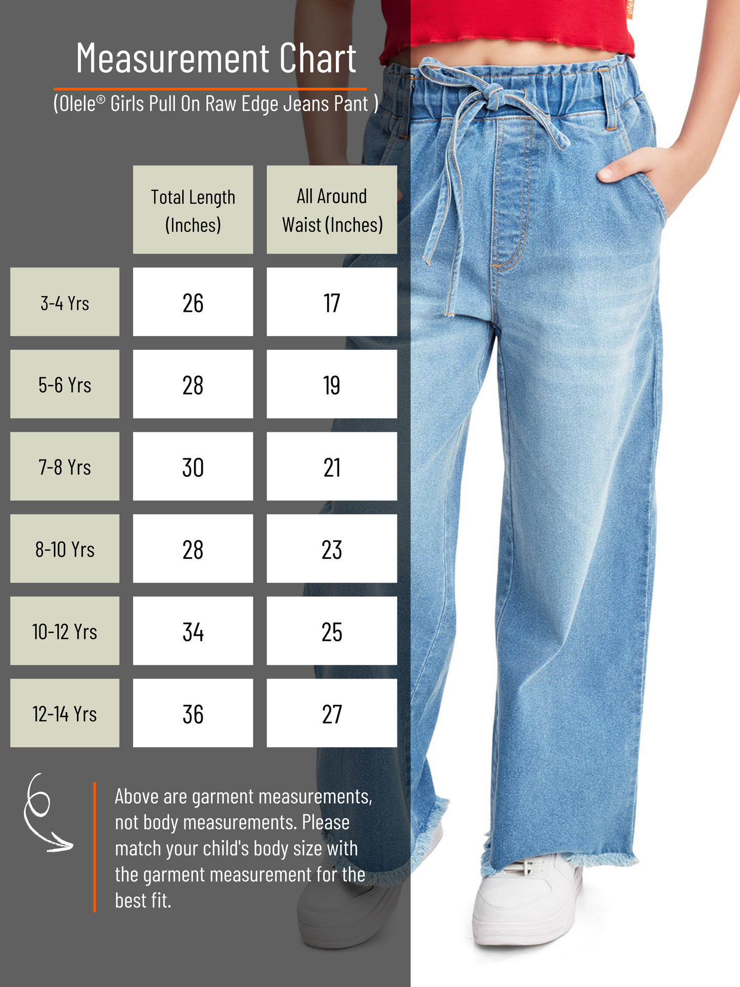 Olele® Girls Pull On Raw Edge Jeans Pant - Cotton Denim